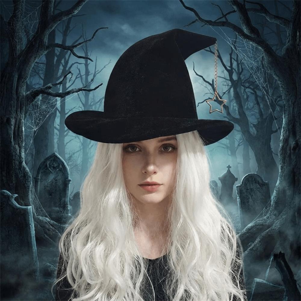 Korean Style Wool Bucket Hat Star Pendant Halloween Hat Vintage Witch Hat  Party