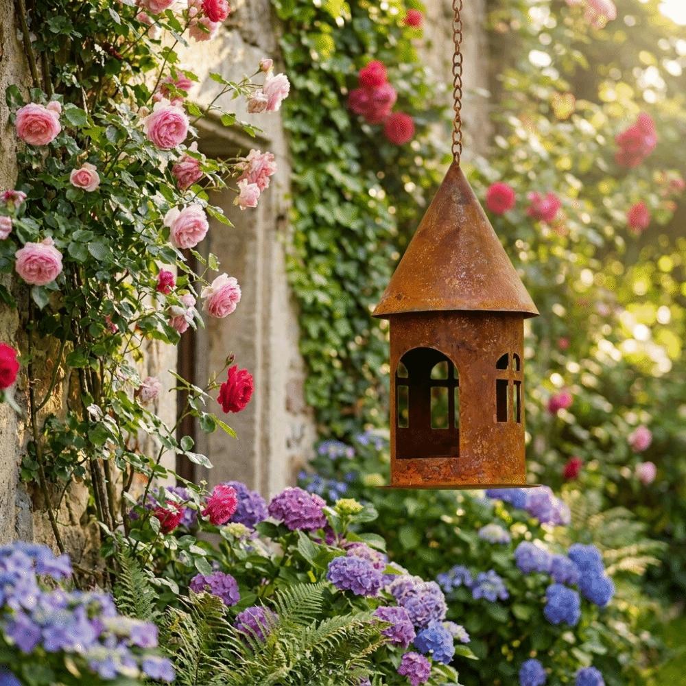 Iron Hanging Castle Candle Holder Rustic Hanging Bird Feeder Rusty Castle Candlestick for Garden