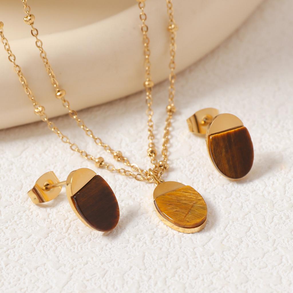 Овальный кулон с агатом и натуральным камнем, ожерелье, серьги-гвоздики, комплект модных украшений