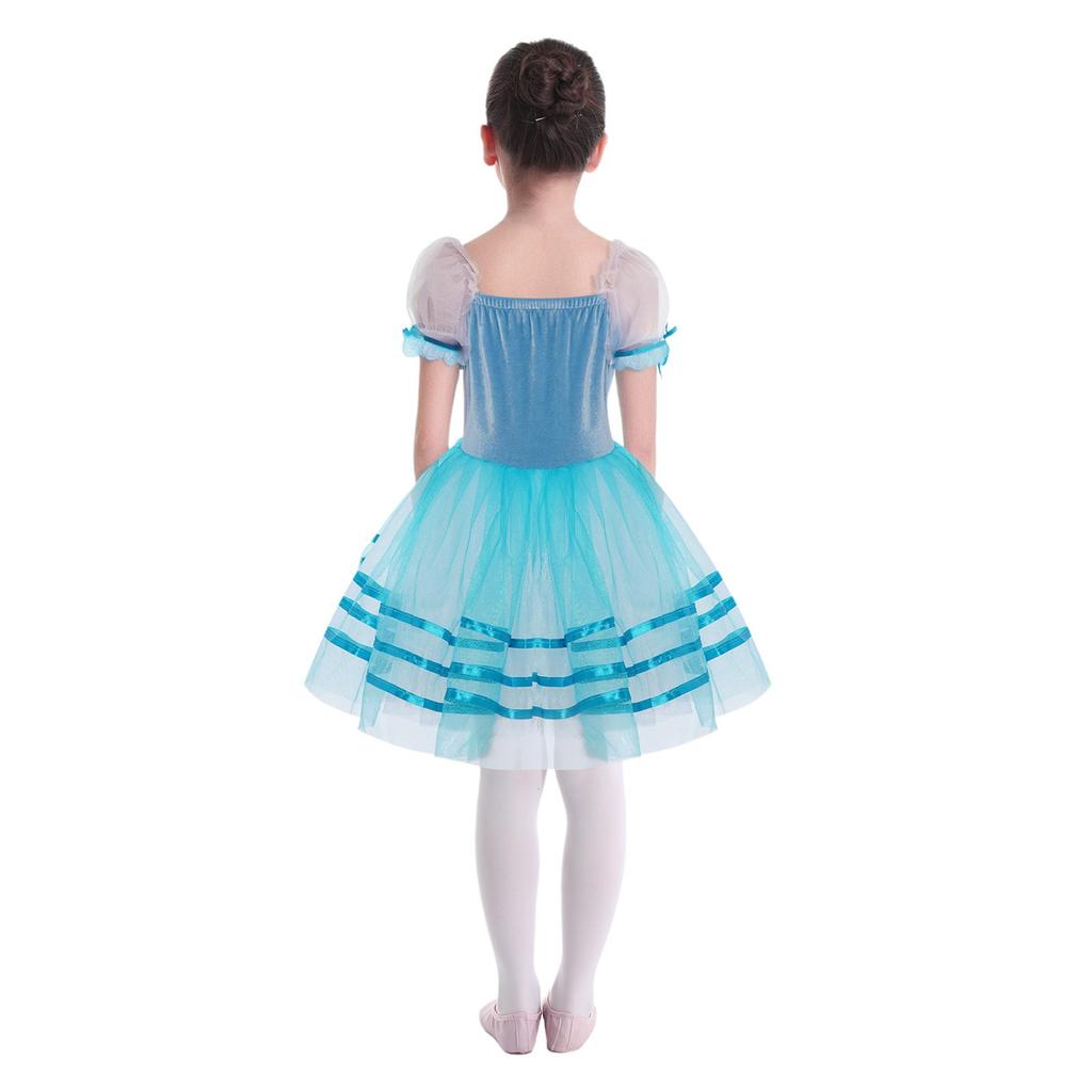 Girls Puff Sleeve Layered Tutu Dress Lace Trim Velvet Bodice Lace Up Back Ballet Costume