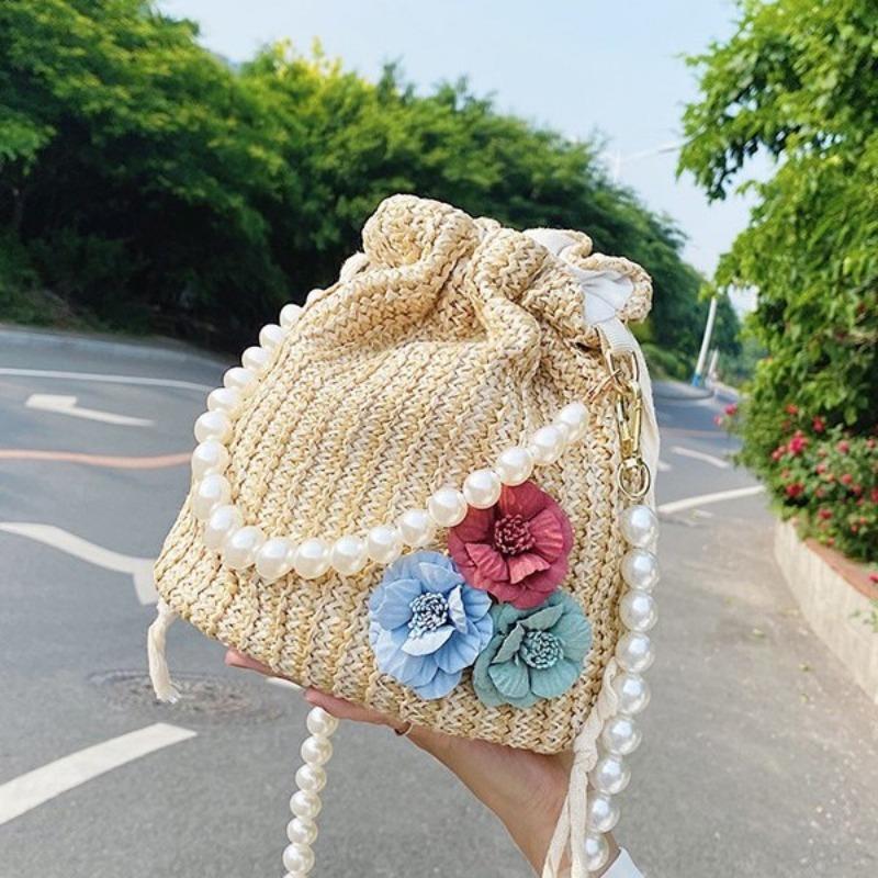 Маленькая плетеная сумка Fresh Flower с жемчужной цепочкой, сумка-тоут Holiday Wind Beach Crossbody Bucket Bag