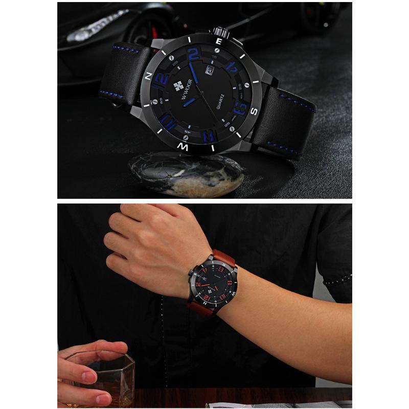 WWOOR Спортивные мужские часы с кожаным ремешком Матовый черный корпус с календарем Водонепроницаемые кварцевые часы