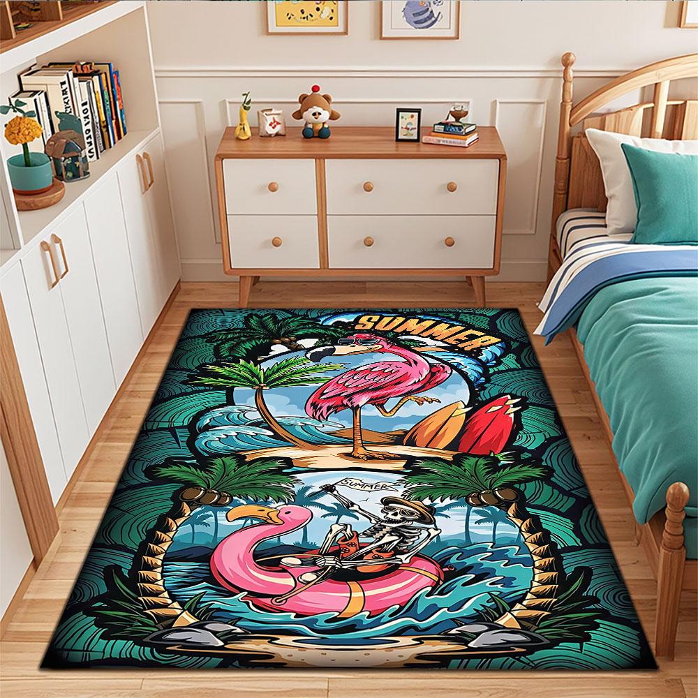 "Flamingo & Skeleton Summer Vibes" Patterned carpet, suitable as a non slip play mat for the living room and bedroom sofa
