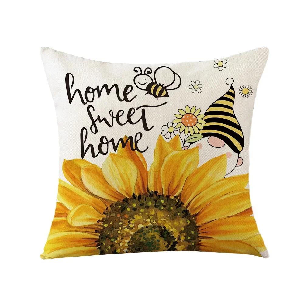 Summer Sunflower Bee Double-Sided Printed Pillow Cover Short Plush Suitable Living Rooms Bedrooms Sofas Throw Cushion Cover