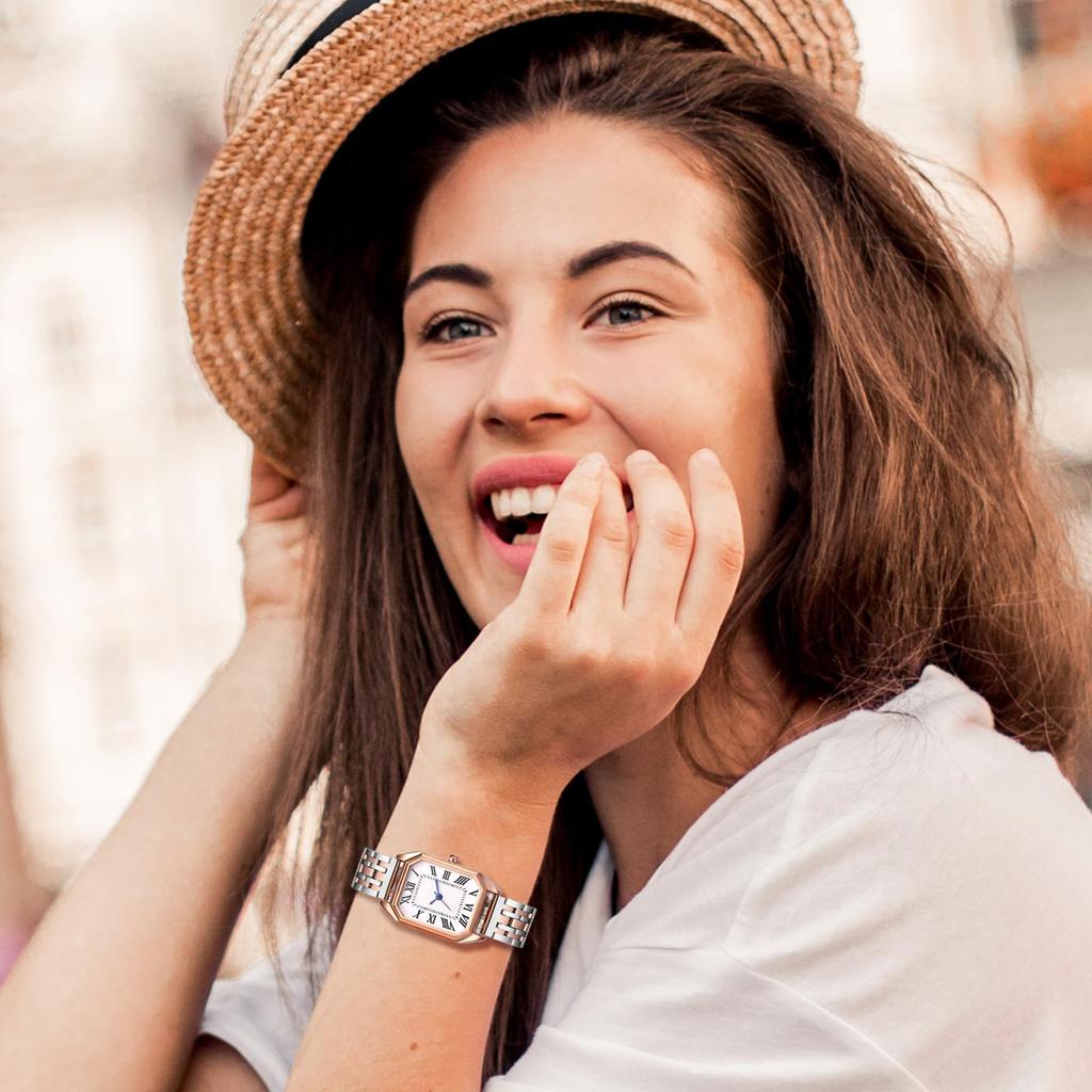 Square Roman Analog Stainless Steel Quartz For Commuting To Work or Fashion Silver Gift for Girlfriend Women's Watch Simple, Stylish, Cute,