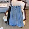 Женская весенняя повседневная джинсовая юбка больших размеров, черная синяя юбка с разрезом, свободная удобная пригородная юбка с несколькими карманами, однотонная