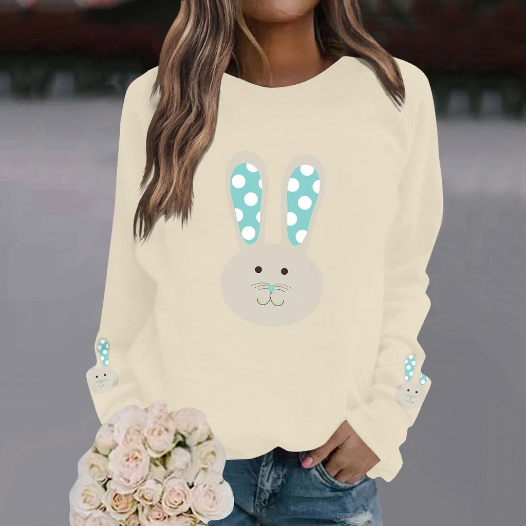 Женская мода повседневная толстовка с длинным рукавом и круглым вырезом с принтом пасхального кролика