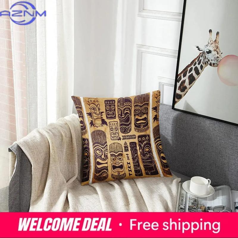 Throw Pillow Cover Cool Grunge Vintage Tiki Set Decorative Pillow Case Tribal Home Decor Square 18 X 18 Inch Cushion Pillowcase