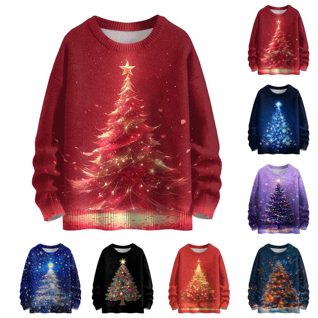 Ladies' Fashionable Casual Long Sleeved Christmas Printed Round Neck Knitted Yarn