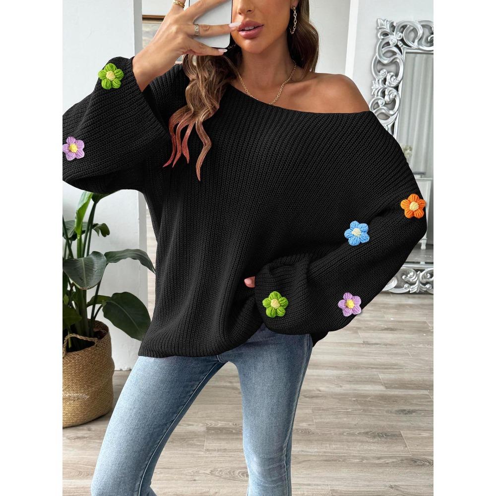 Women’s Hand-Crocheted Floral Patchwork Top – Simple, Loose-Fitting, Off-the-Shoulder, Bell-Sleeve Jumper