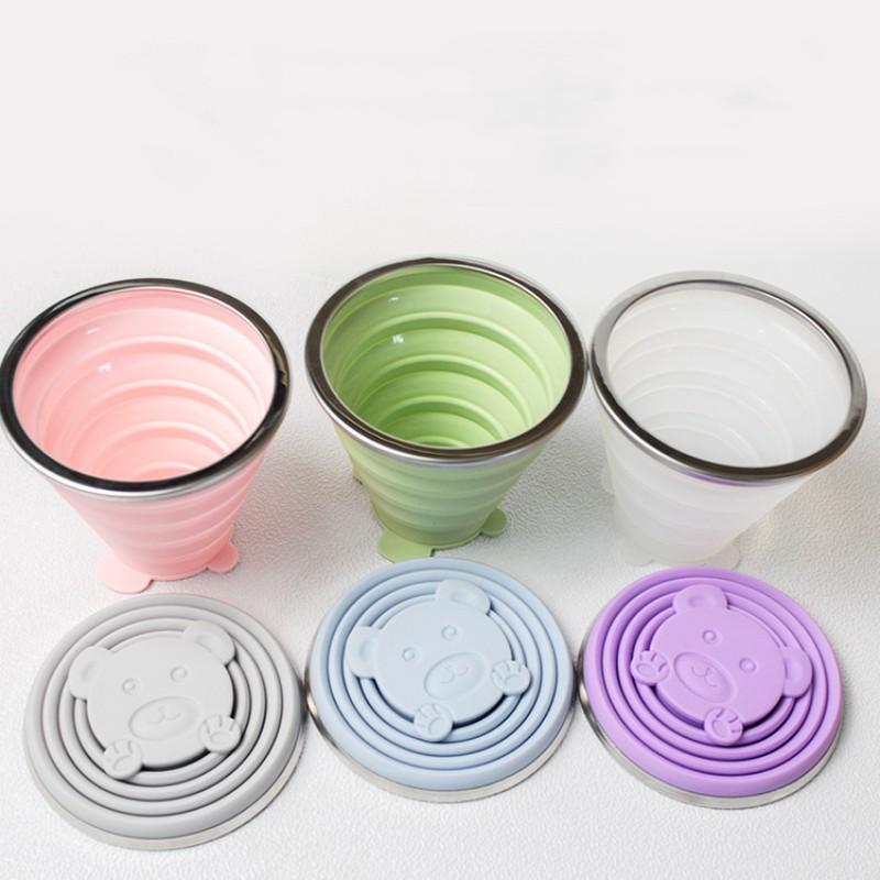 180 мл Силиконовая складная кружка для путешествий, повседневная кружка с рисунком медведя, складная многоразовая кружка для питья с крышками, выдвижные чашки