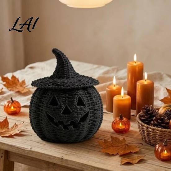 Dark Retro Party Ornaments Faux Rattan Halloween Pumpkin Figurine Black Resin Statue with Witch Fall Holiday Window Display Hat Rustic Wicker