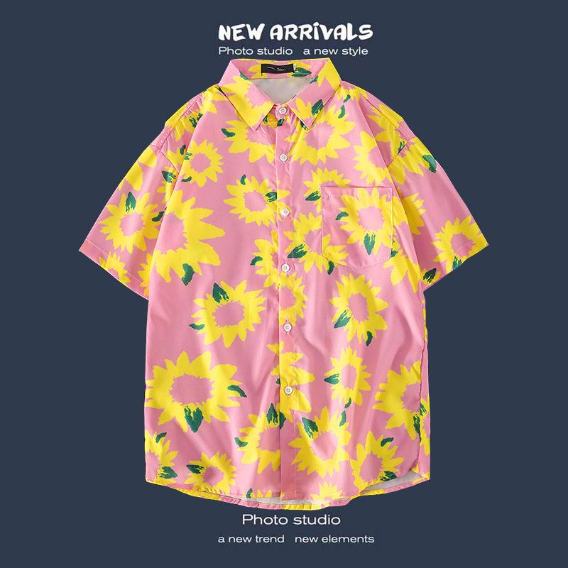 Retro Floral Shirt Blouse for Man Hawaiian Short-sleeved Floral Shirt Men's Loose Trend Couple All-match Five-point Sleeves
