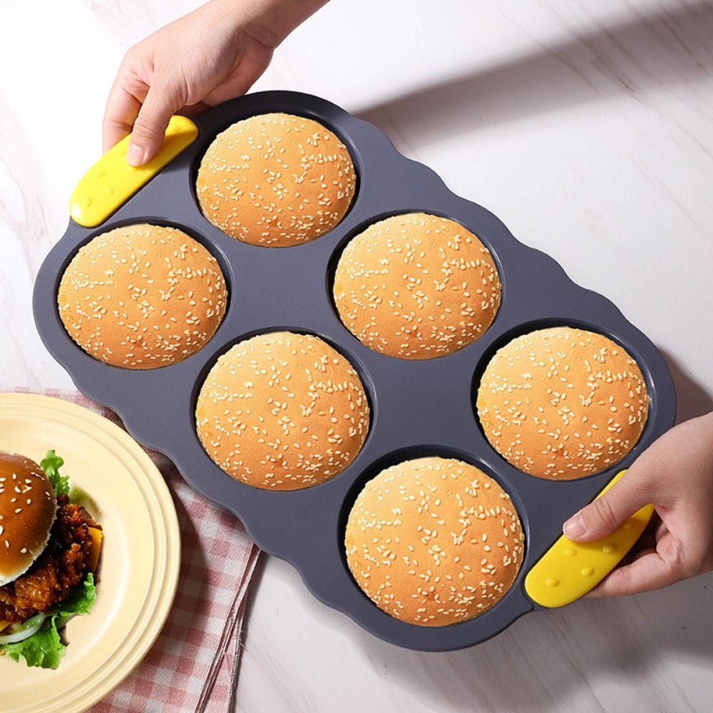 Heat Resistant Hamburger Bun Mold 6 Cavity Burger Bun Maker Soft Bread Loaf Pan Kitchen Use