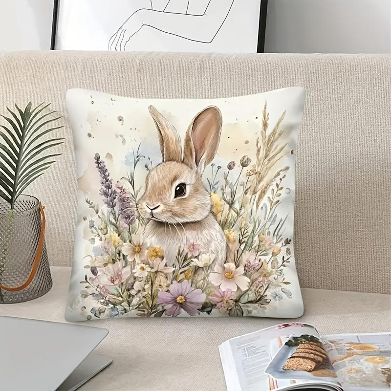 1 шт. Наволочка с пасхальным кроликом и весенними цветами - Современный акварельный цветочный дизайн, 100%, на молнии