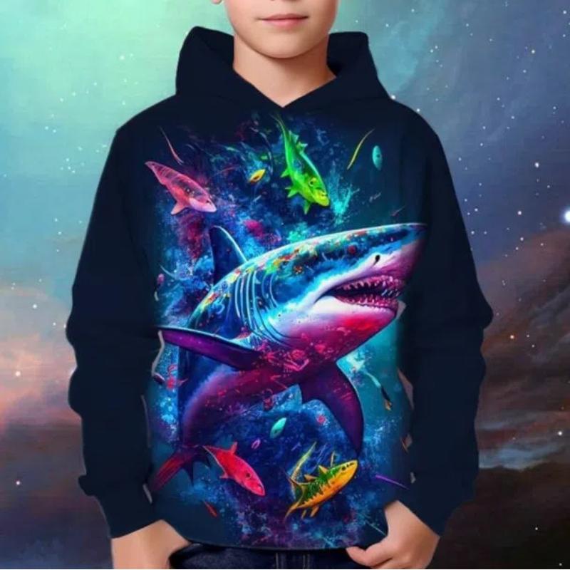 2024 Лето 4-14 лет, милые детские легкие толстовки из полиэстера с 3D красочным принтом акулы для мальчиков и девочек, топы