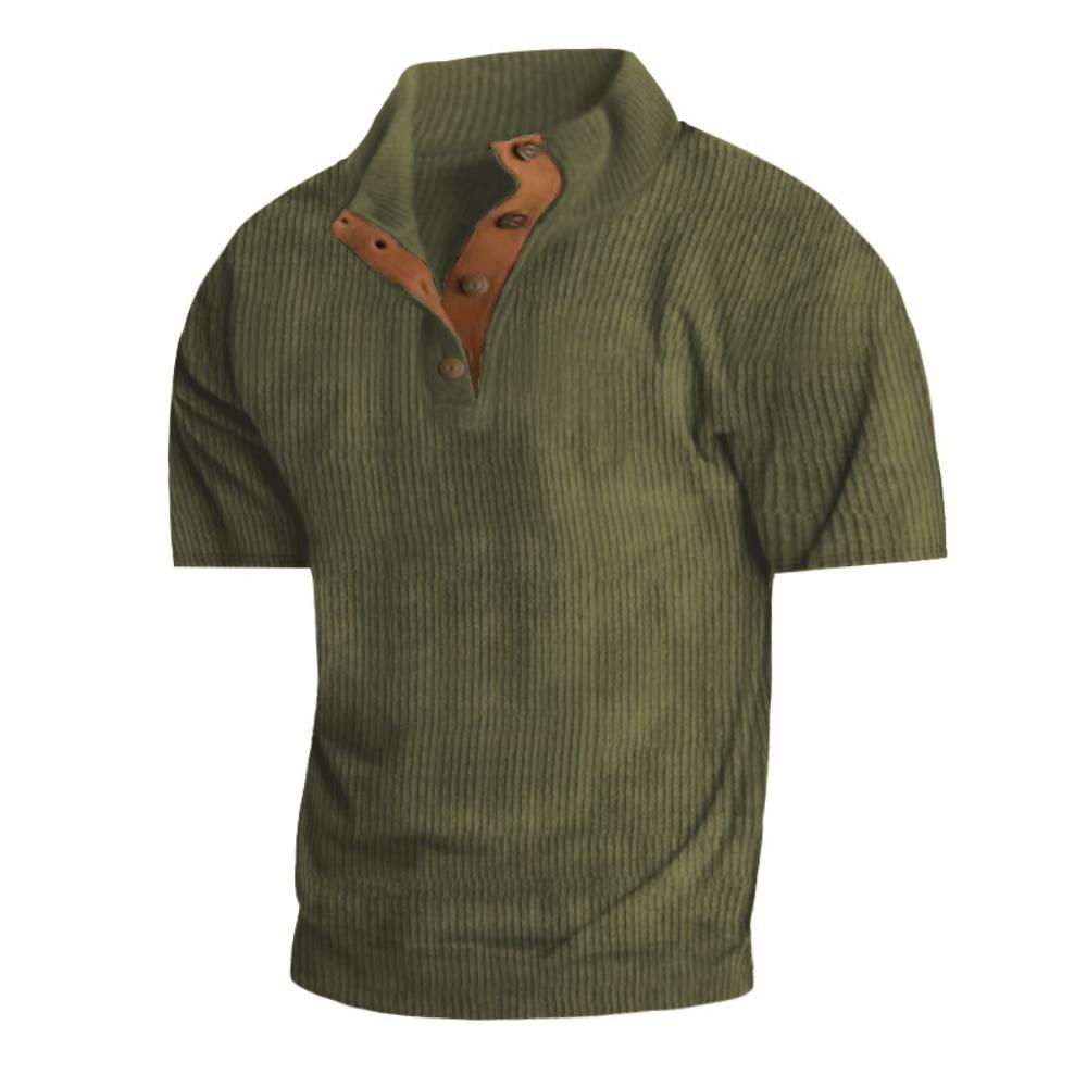 Men's Summer Casual T-shirt Button Stand-up Collar Tees Solid Color Loose Corduroy Short Sleeves Soft Skin-friendly