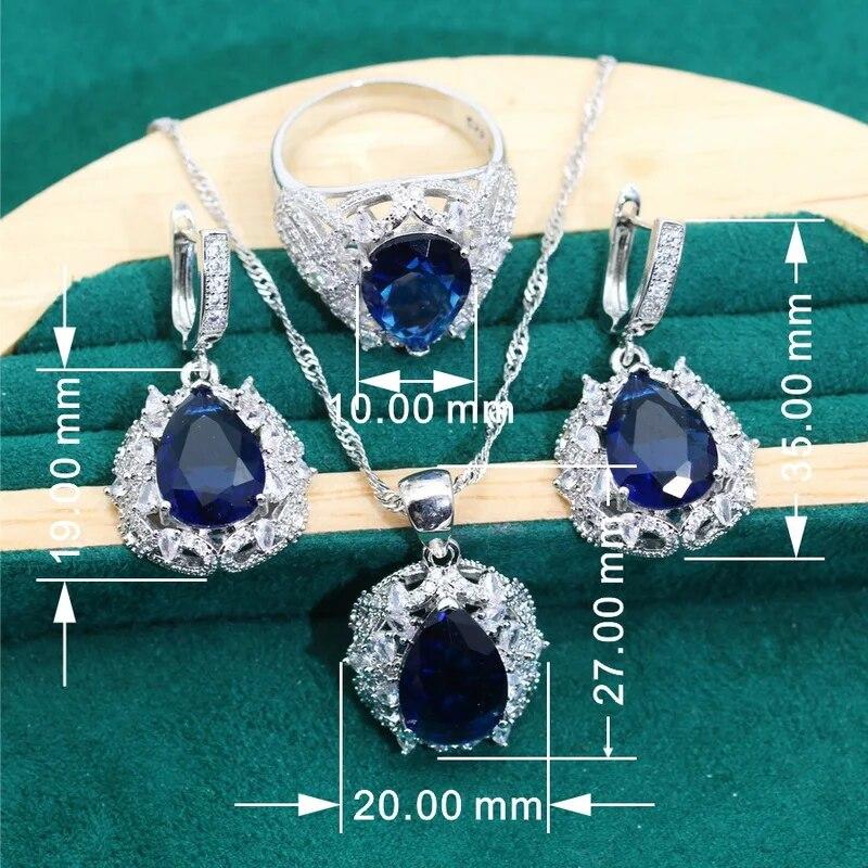 Роскошные элегантные комплекты ювелирных изделий из серебра 925 пробы Дубай, женские свадебные синие циркониевые ожерелья, серьги, кулон, кольцо, браслет