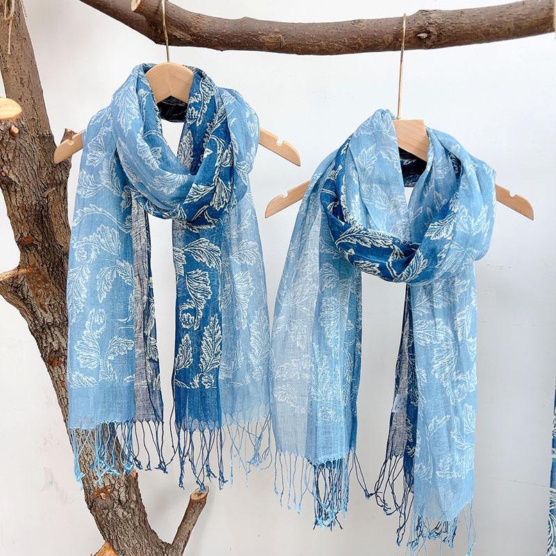 Printing Gradual Change Color Linen Batik Scarf Blue Versatile Ethnic Style Retro Silk Scarf Thin Light Breathable Yarn