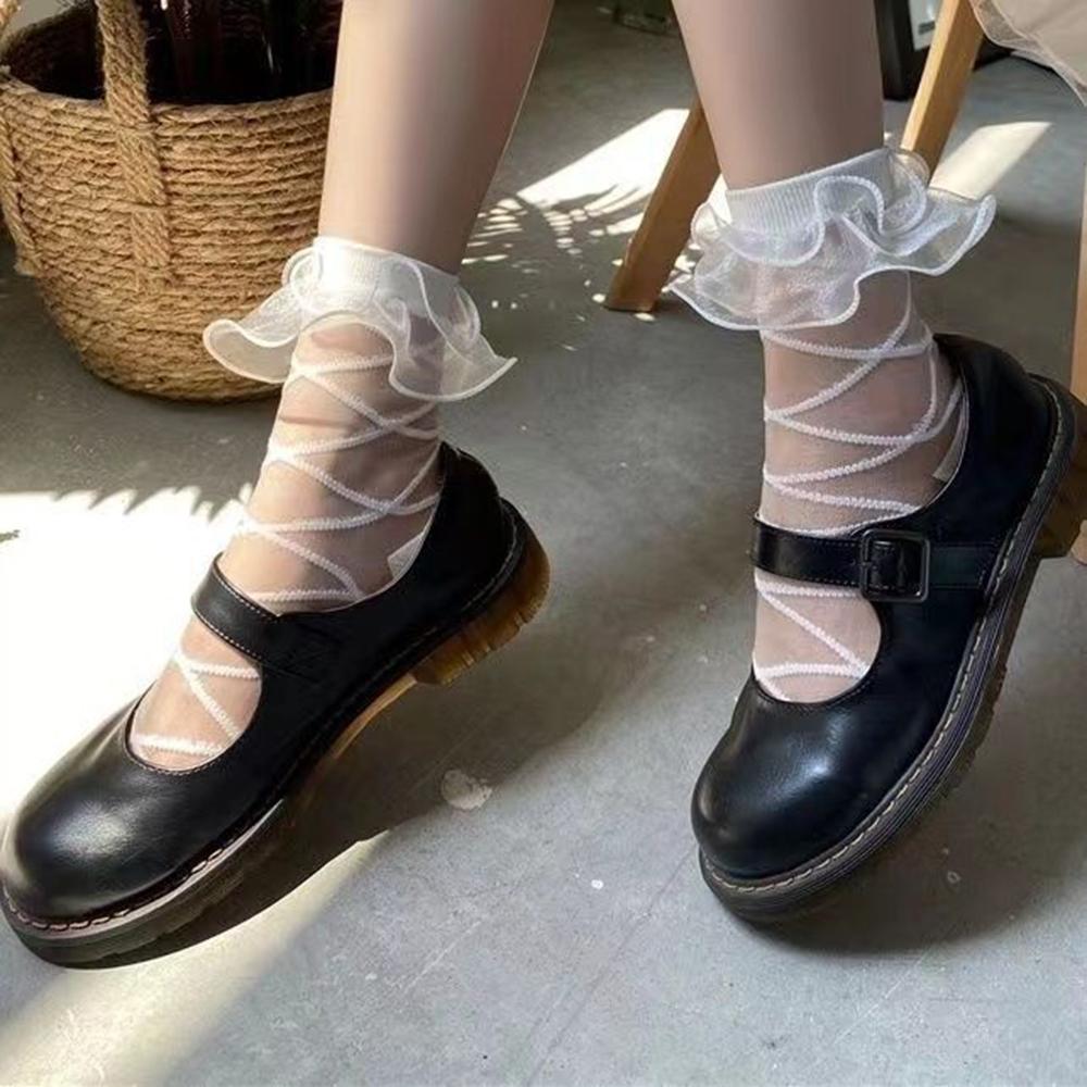 Women Lolita Organza Ruffle Ankle Socks, Summer Sheer Glass Silk Crisscross Strap Mesh Socks, Japanese Sweet Cosplay Short Socks