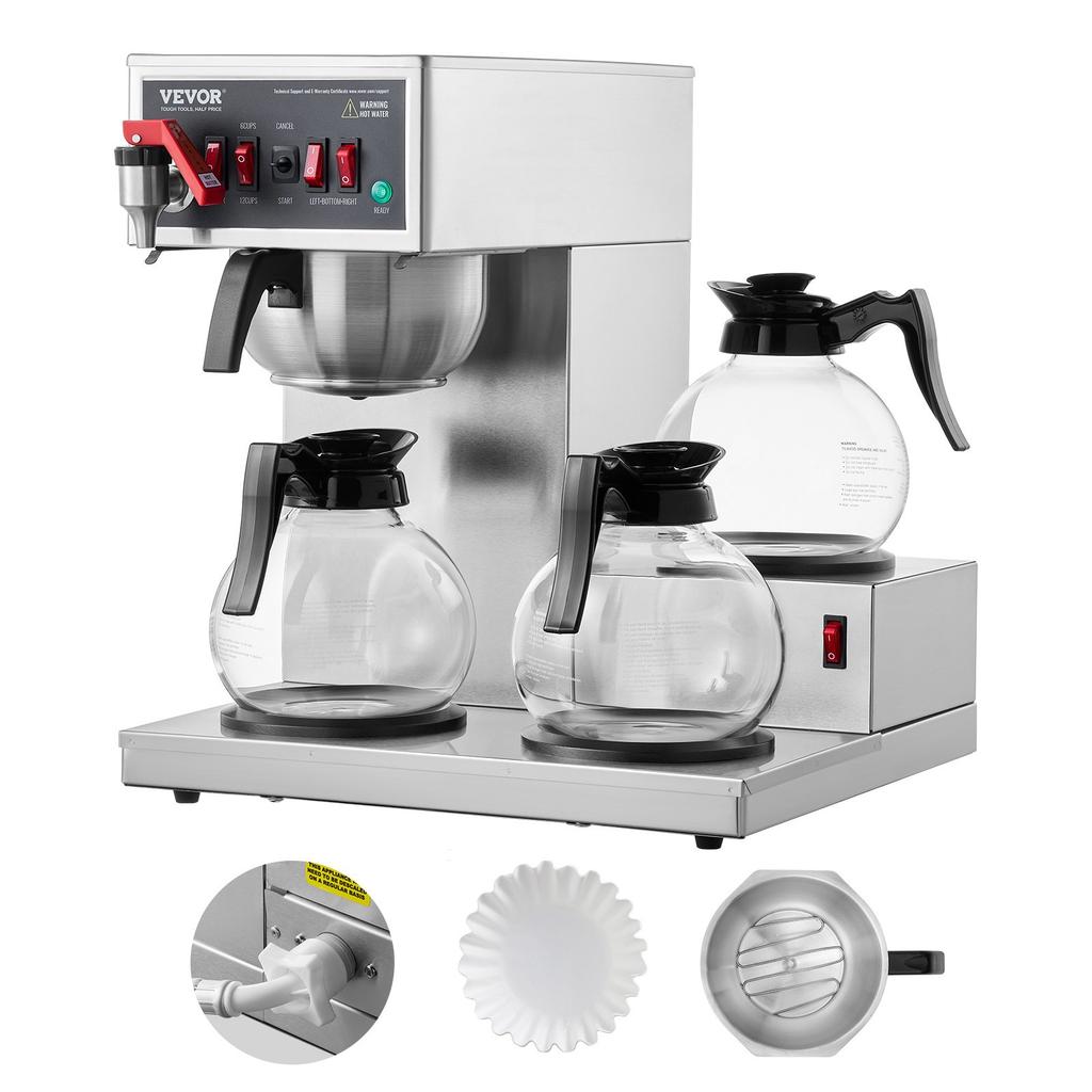VEVOR 12 Cups Commercial Drip Coffee Maker, Coffee Maker Machine with 3 Glass Carafes and 3 Warmer Plates