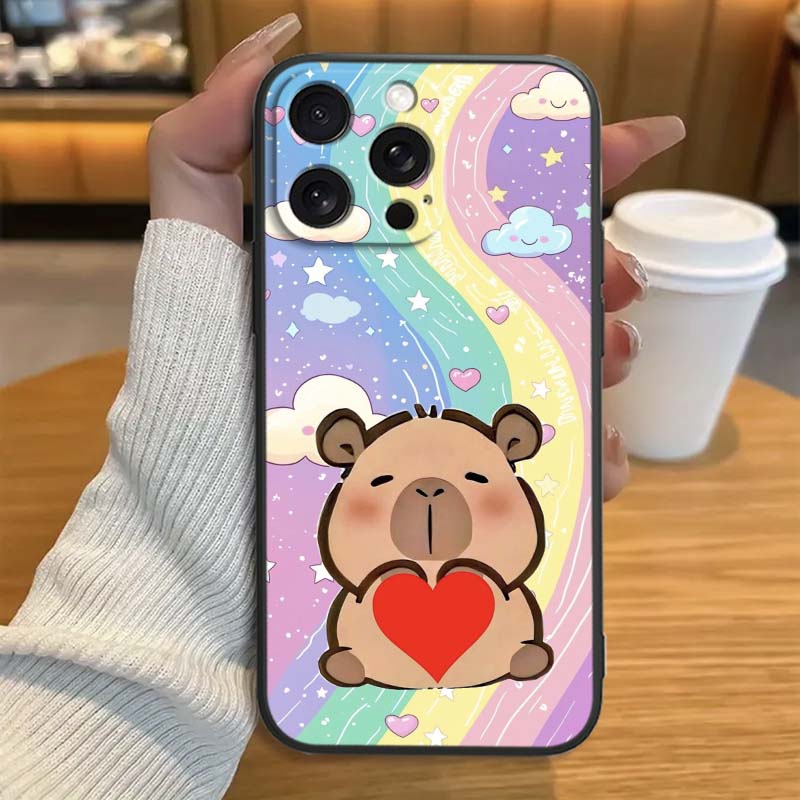 Мультяшная Аниме Капибара Арт Чехол для Телефона Для Apple iPhone 17 16 16E 15 14 13 12 11 Pro Max Plus Черный Мягкий Силикон