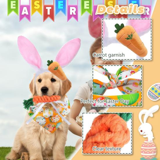 Набор из 4 предметов костюма для собаки на Пасху Милая повязка на голову с ушками кролика Бандана Морковки Игрушки-погрызушки Пасхальные наряды для домашних животных для маленьких средних больших собак кошек Праздничный косплей