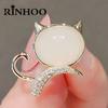 Rinhoo Korean Rhinestone Opal Cat Brooches For Women Gold Color Animal Kitten Lapel Pins Fashion Crystal Badge Corsage Jewelry