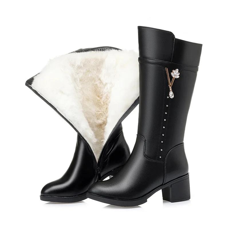 Модные высококачественные женские зимние сапоги из натуральной кожи женские сапоги теплые шерстяные сапоги на высоком каблуке женские модные сапоги для верховой езды женские