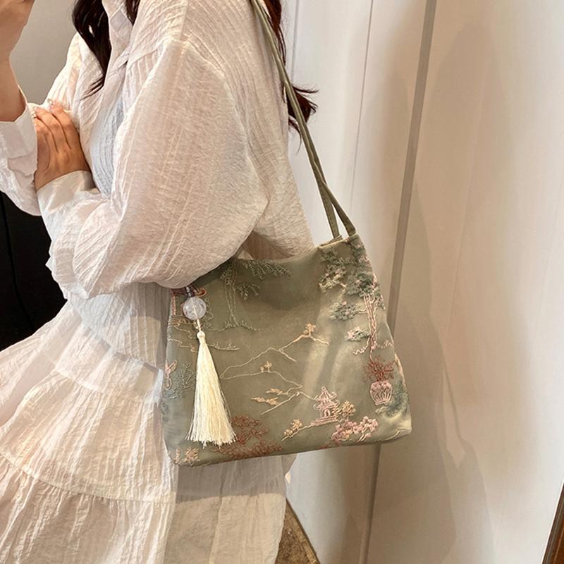 New Chinese Style Retro Bag Silk Jacquard Fashionable Minimalist Bag Shoulder Diagonal Cross Women's Shopper Totes AVE