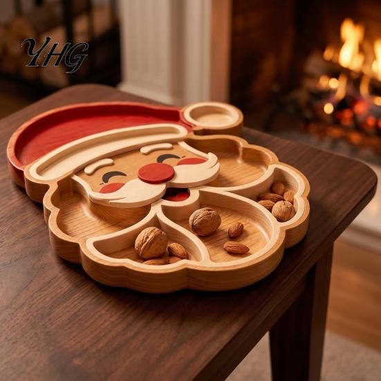 Christmas Tableware for Home Decor Tree Serving Platter, Wooden Snack Tray Holiday Parties, Multi-Compartment Food Display Elk Design Dessert