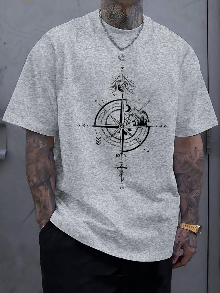 Unisex Summer Cotton Short Sleeve T Shirt Vintage Mountain Sun Moon Compass Print Crew Neck Casual Travel Adventure Street Male Tee