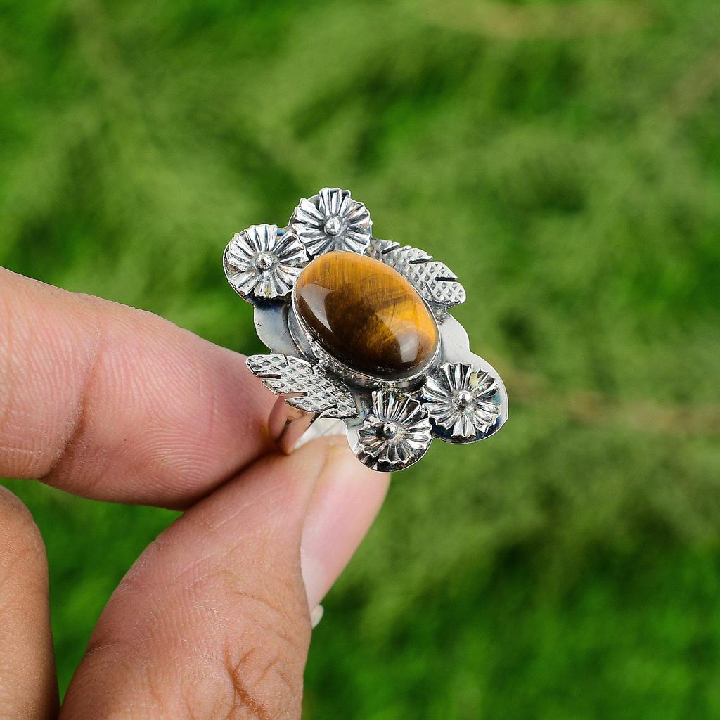 Natural Tiger'S Eye Multi Stone Flower Adjustable Ring 925 Silver For Girls