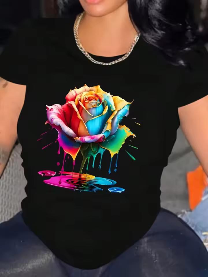 Vibrant Rainbow Dripping Paint Rose Women's T-shirt Casual Soft Washable Crew Neck Top for Artistic and Floral Style Enthusiasts