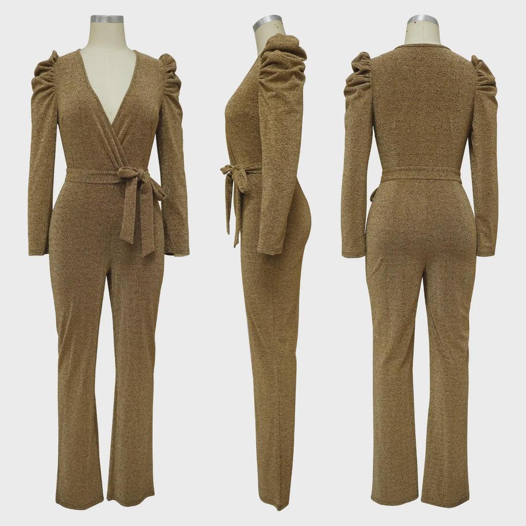 European & American Women's Sexy V-Neck Puff Sleeve Shiny Knit Jumpsuit