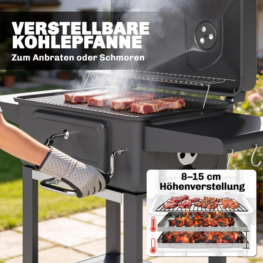Charcoal Grill BBQ Smoker with Lid Thermometer Height-Adjustable Charcoal Pan Grill Grate Side Table Ash Tray