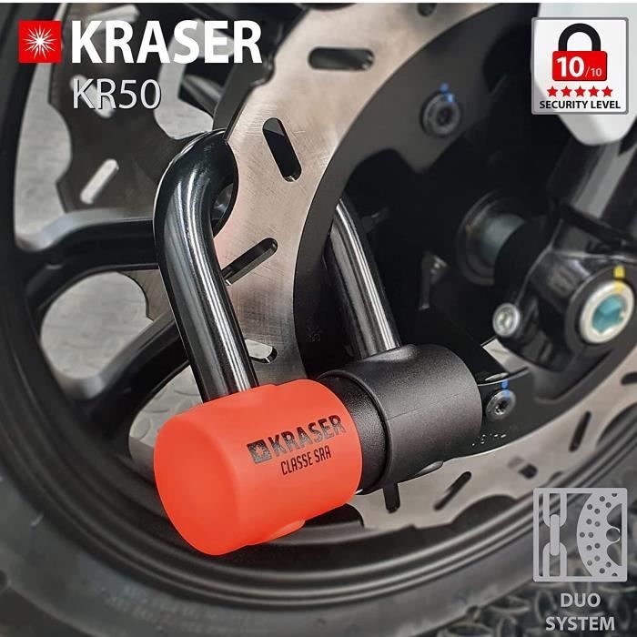 KRASER KR50 Antivol Moto Homologué SRA Bloque Disque Mini U 18mm Double Verrouillage Blindé, Cadeau Câble Rappel, Mesure Intérieure