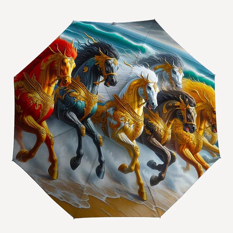 Horses Automatic Folding Umbrella Compact 8 rib Design, Unique Style, Suitable for Everyday Outdoor Use, Perfect Gift for Friends and Family