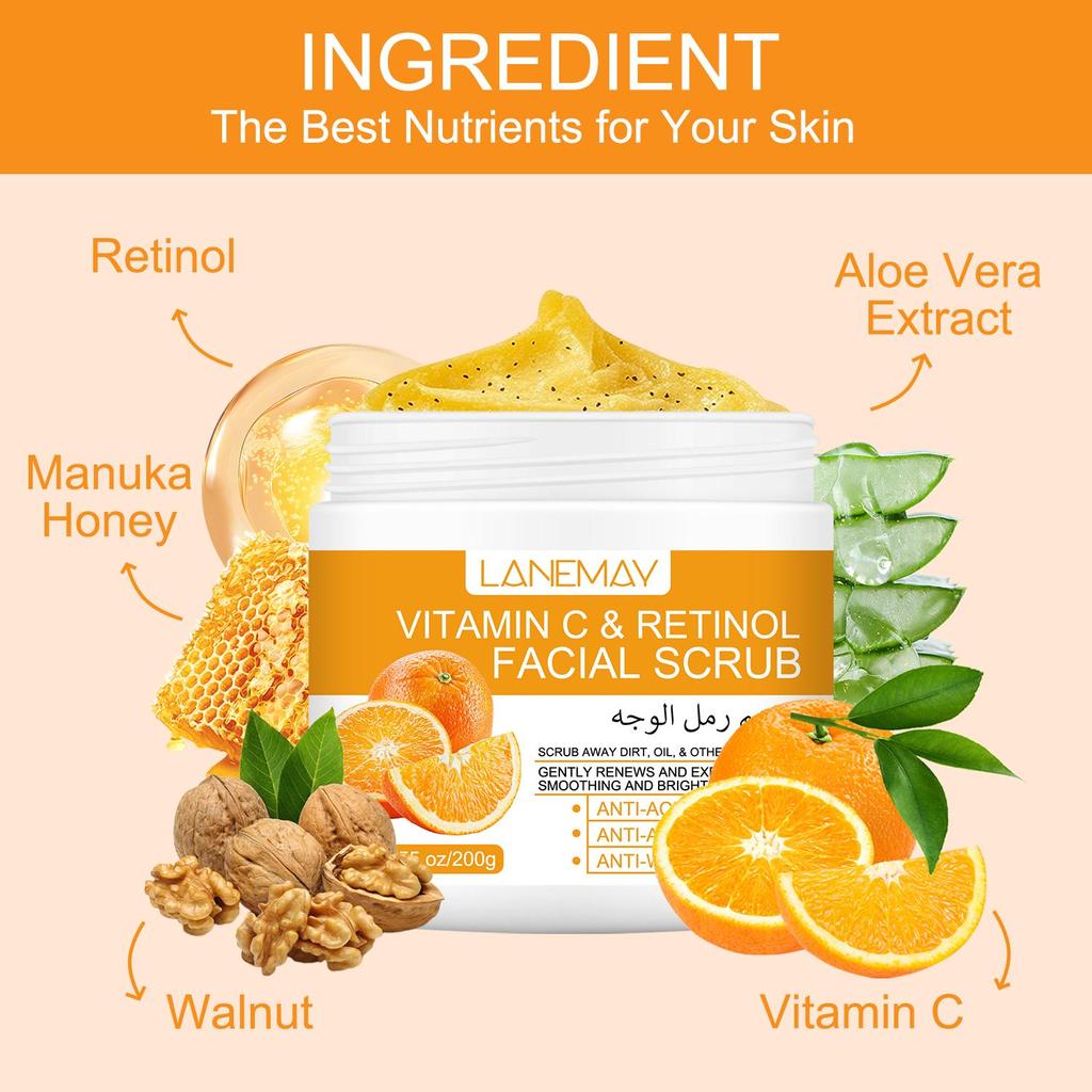 Vitamin C & Retinol Facial Scrub -Deep Cleansing, Brightening Moisturize, Smooth Skin, -Suitable for All Skin Types,200g
