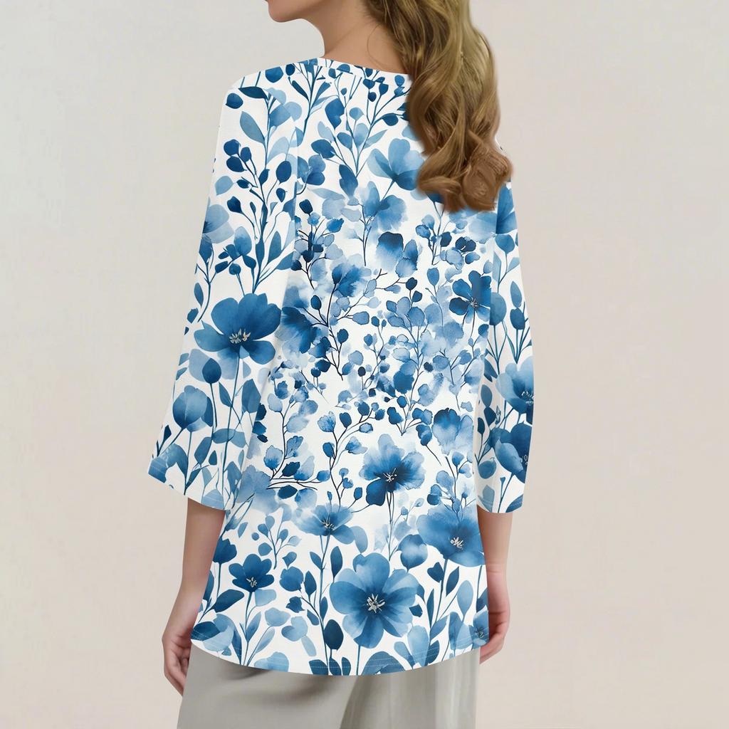 Women's T Shirt Print Button 3/4 Sleeve Daily Weekend Fashion Basic V- Neck Regular Top