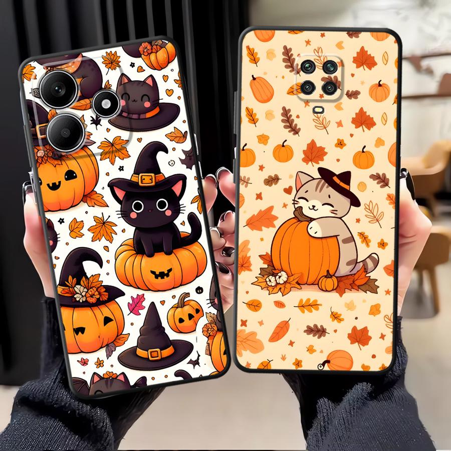 Чехол для Xiaomi Redmi Note 9S 9 10 11 12 Pro 11s 13 14 Pro Plus 12s 10S 7 8 Черный Мягкий Чехол для Телефона Тыква Кошка