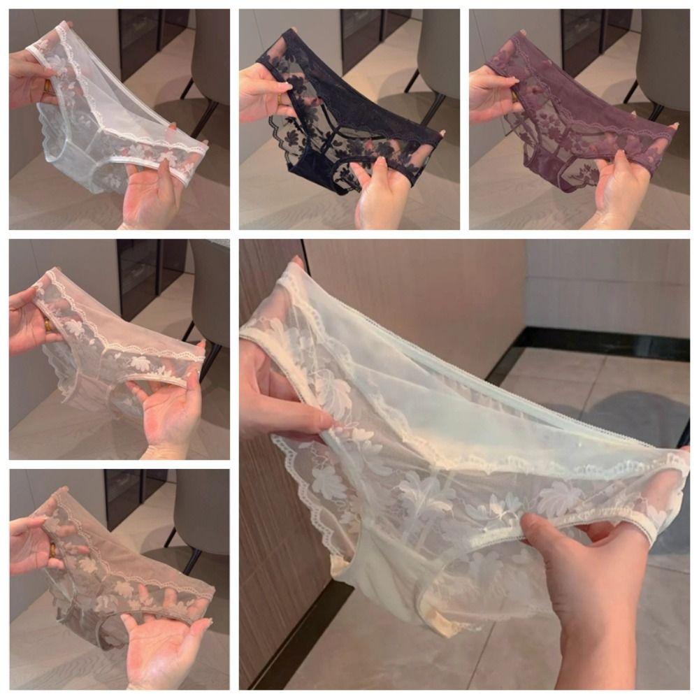 Fashion Mesh Lace Flower Panties Transparent Low Waist French Style Briefs Breathable Women Underwear Summer Spring