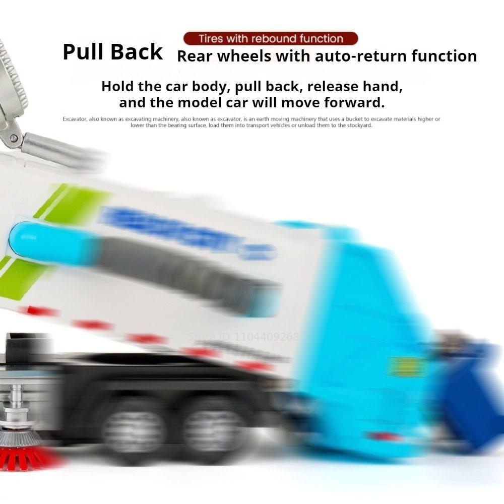 Scale 1:32 Electric Vacuum Cleaner Car Model Toy Metal Body Music Light Spray Engineering Vehicles Decorative Ornaments for Boys