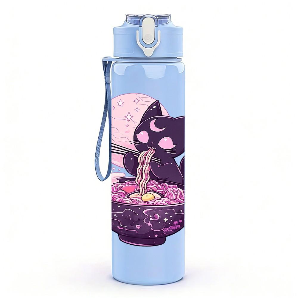 1PC Purple Cat Moon Night Print 750ml Color Plastic Sports Water Bottle Leakproof Flip Straw Lid Suitable for Sports Office Home Use