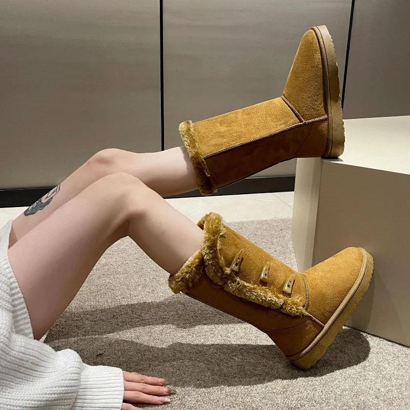 Женская обувь Классические женские зимние ботинки Inter Snow Boots Теплые кожаные меховые сапоги с бархатом Высокие сапоги до колена Зимние кроссовки Botas Mujer