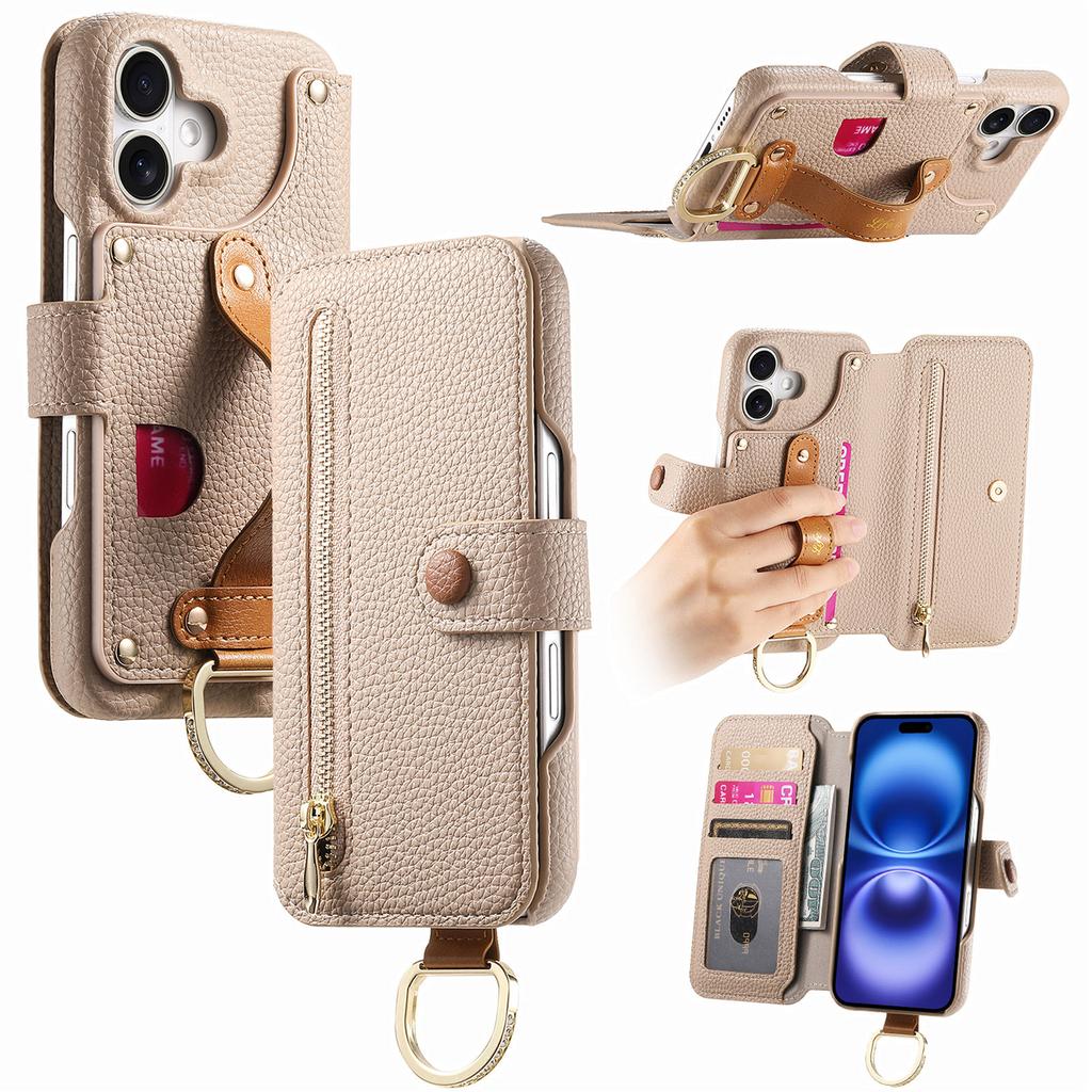 For iPhone 16 Case RFID Blocking Zipper Wallet PU Leather Mobile Cover - Pink