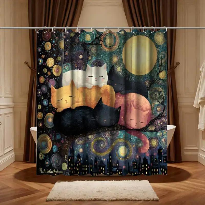 1pc Bathroom Shower Curtain, Goodnight Storytime Reading, DIY Art Exhibition Shower Curtain, Includes 12 Hooks, 180*180cm Bath