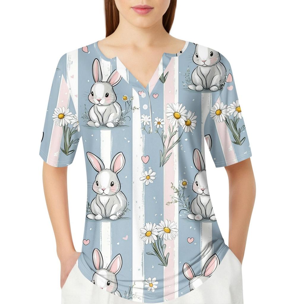 Women's T Shirt Print Button Short Sleeve Daily Weekend Fashion Basic V-Neck Regular Top