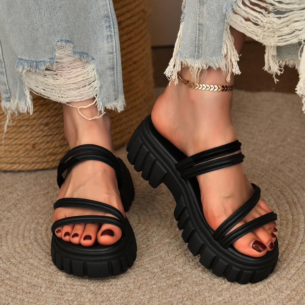 Fashion Plus Size Casual Shoes FashionThick Sole Solid Color Women's Sandals 2025 Summer Round Toe Open Back Strap Slip-On Wear Sandals