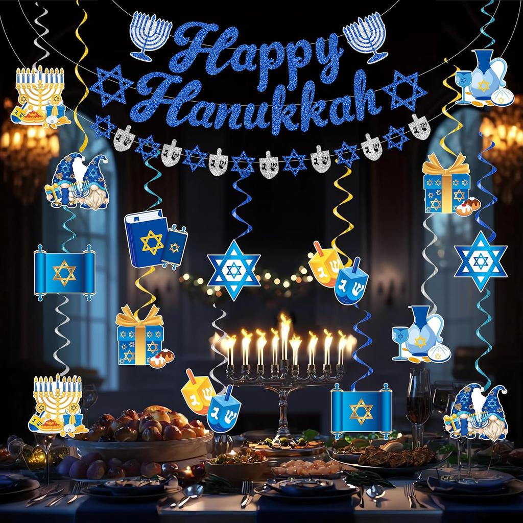 Hanukkah Decorations, NO-DIY Chanukah Party Decor includes Happy Hanukkah Banner and Chanukah Decorations Hanging Swirls for Outdoor Indoor